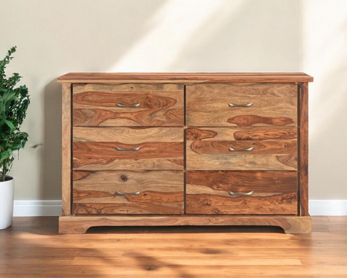 552246 60 in. Brown Solid Wood Live Edge Six Drawer Double Dresser