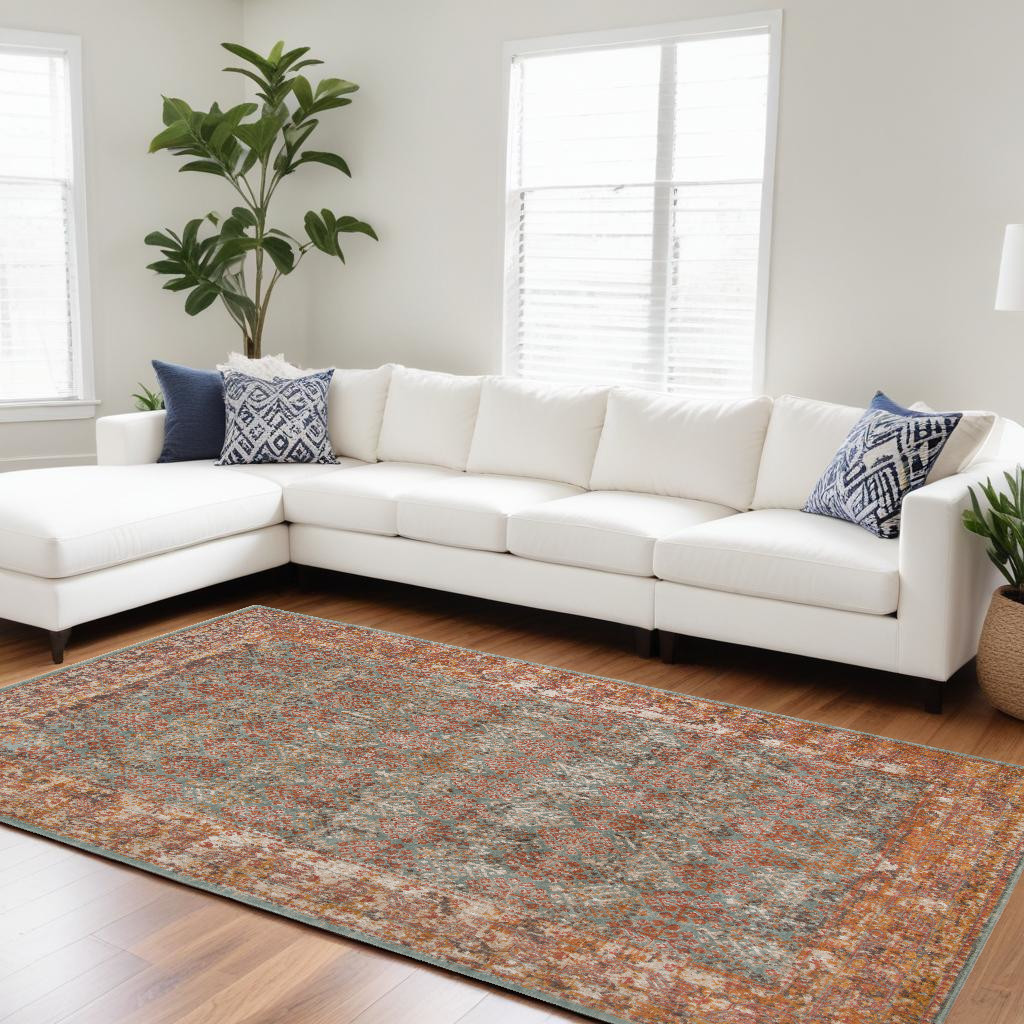 532070 10 x 14 ft. Teal Taupe & Rust Medallion Power Loomed Distressed Rectangle Area Rug