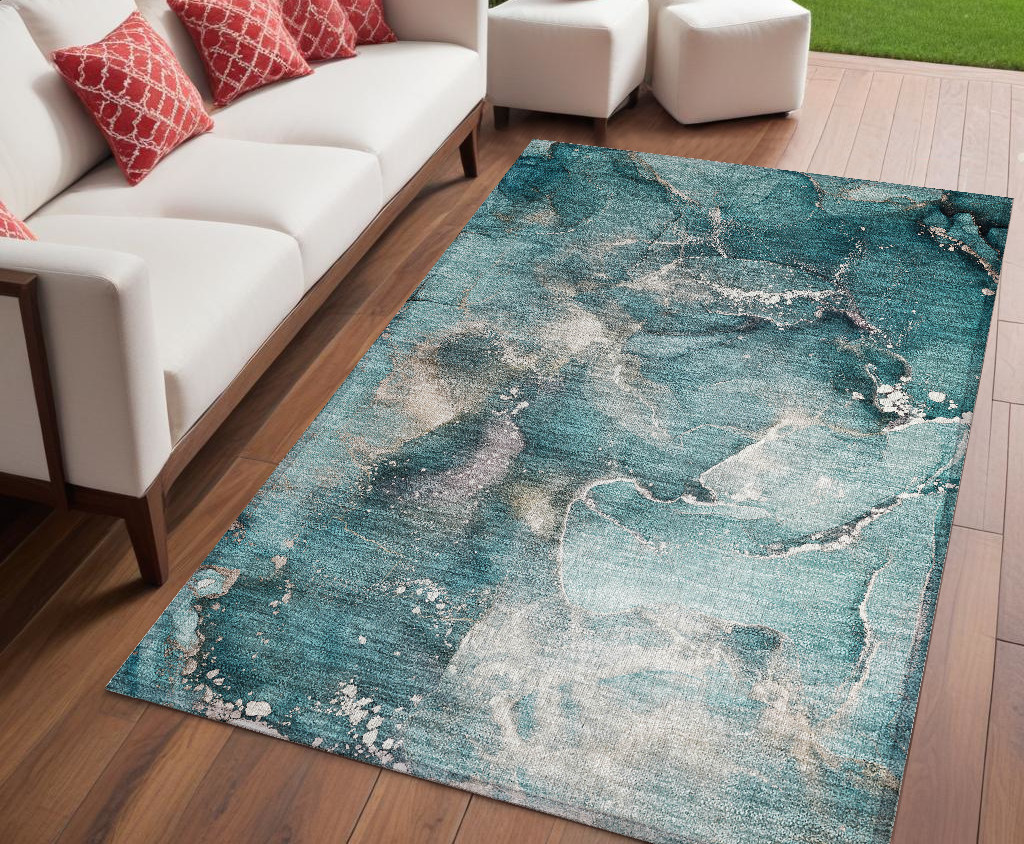 Teal Abstract Washable Non-Skid Area Rug - 5 x 8 ft - Stain Resistant
