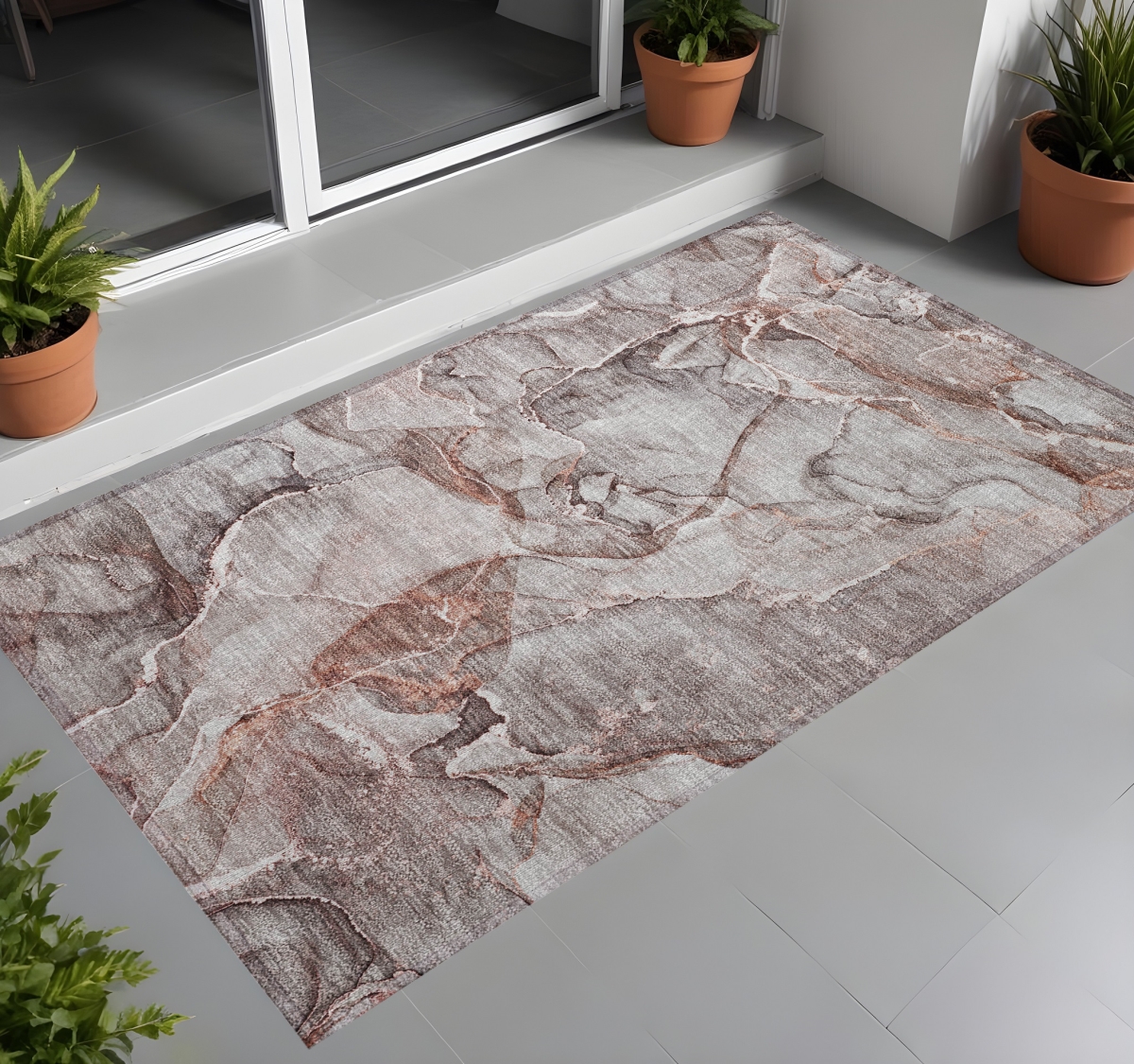 Abstract Gray & Red Washable Area Rug - 2 x 3 ft - Non-Skid Design