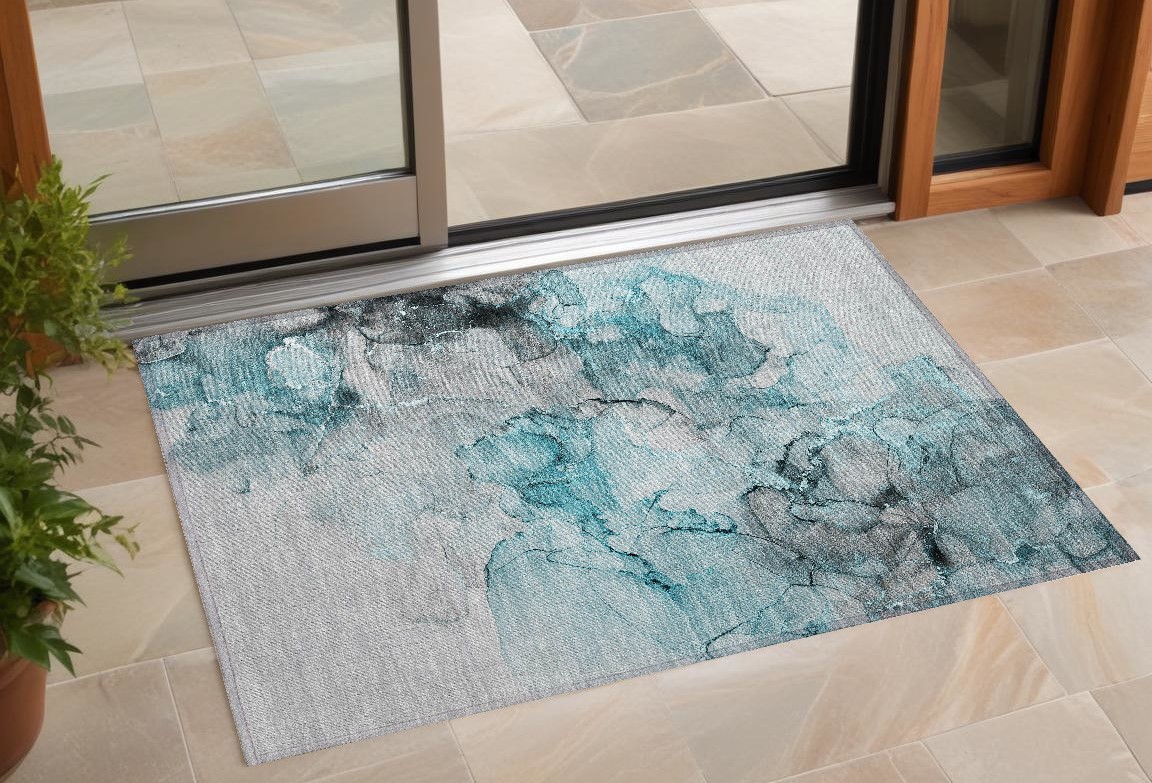560429 2 x 3 ft. Teal Abstract Washable Non Skid Indoor Outdoor Rectangle Machine Woven Area Rug