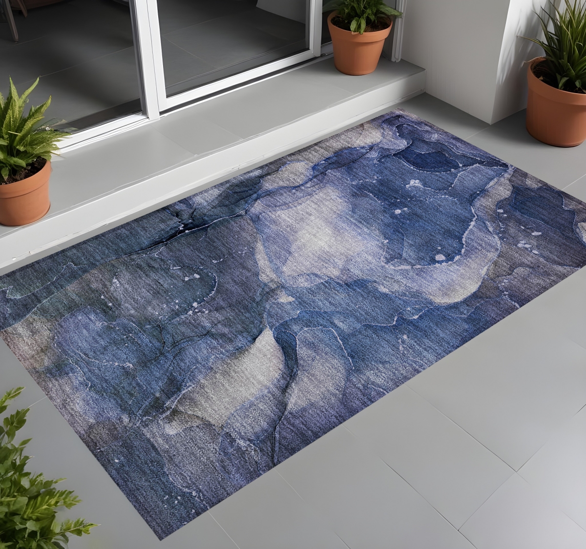 560486 3 x 5 ft. Blue Abstract Washable Non Skid Indoor Outdoor Rectangle Machine Woven Area Rug