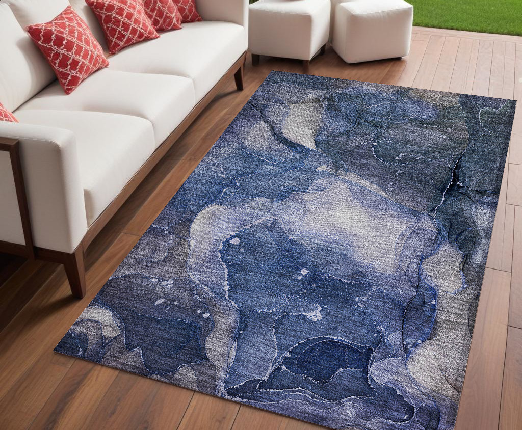 560487 5 x 8 ft. Blue Abstract Washable Non Skid Indoor Outdoor Rectangle Machine Woven Area Rug