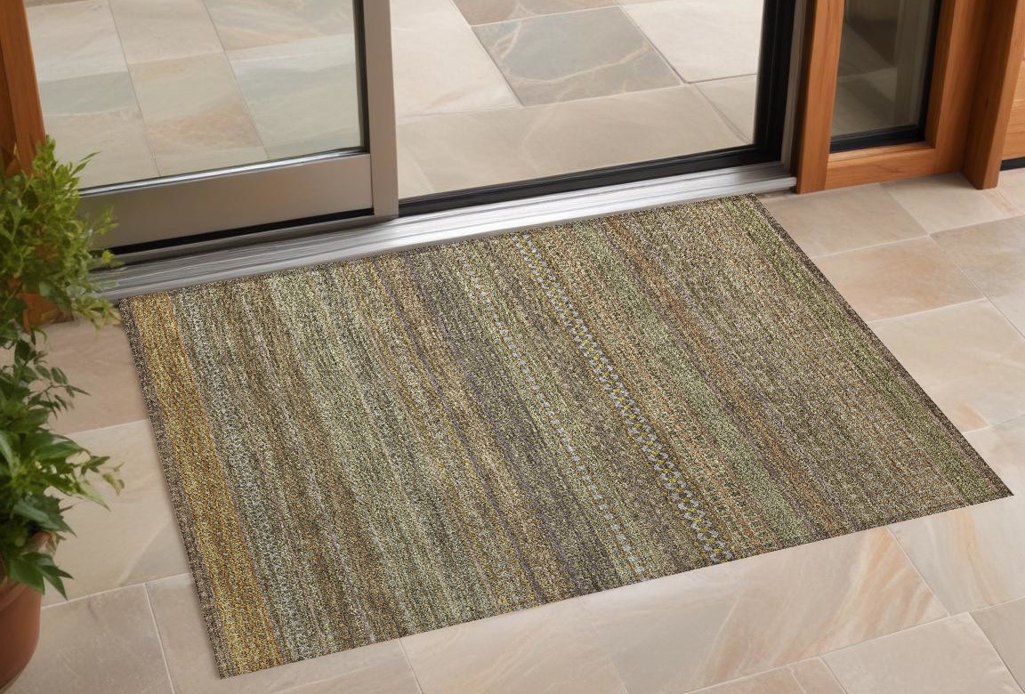 560726 2 x 3 ft. Khaki Striped Washable Non Skid Indoor Outdoor Rectangle Machine Woven Area Rug