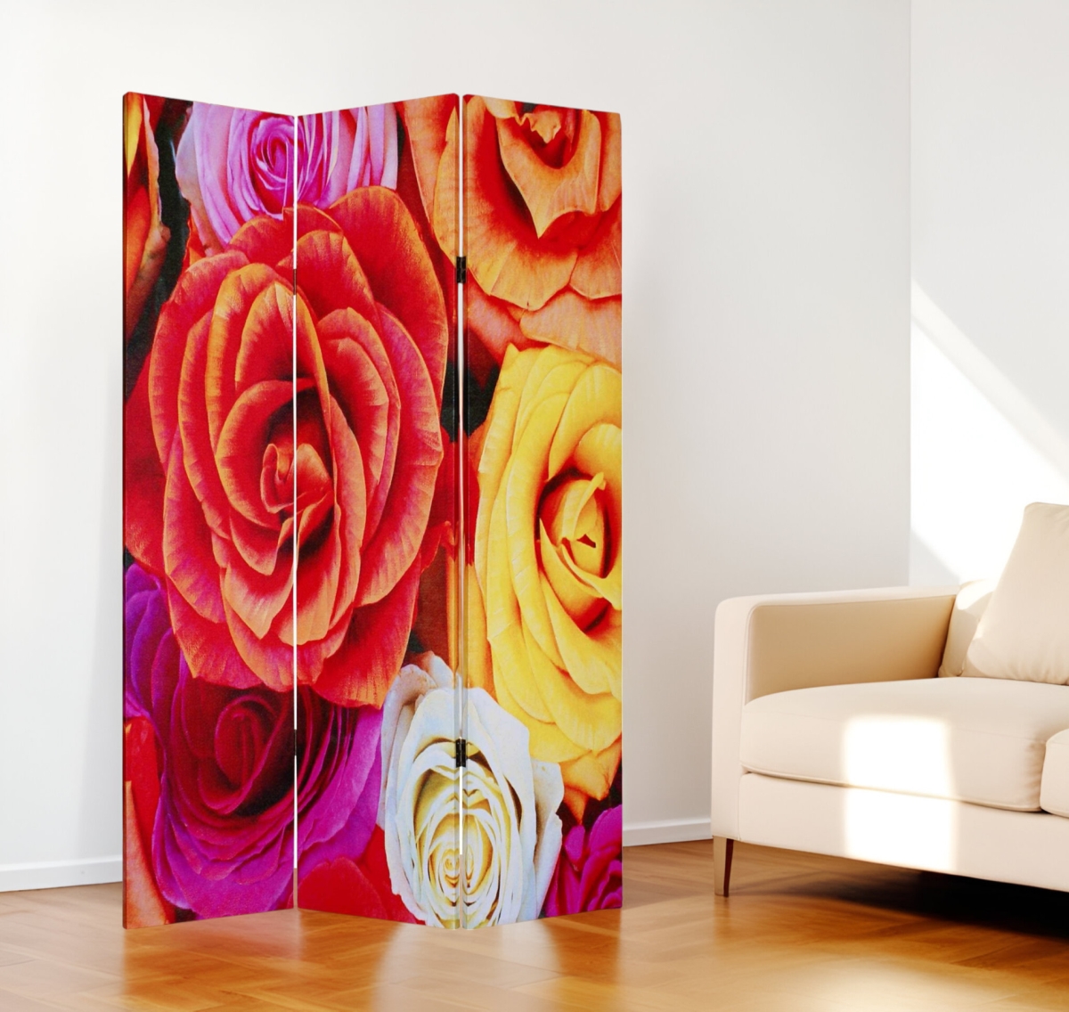 274613 48 x 72 in. Multi Color Wood Canvas Daisy & Rose Screen