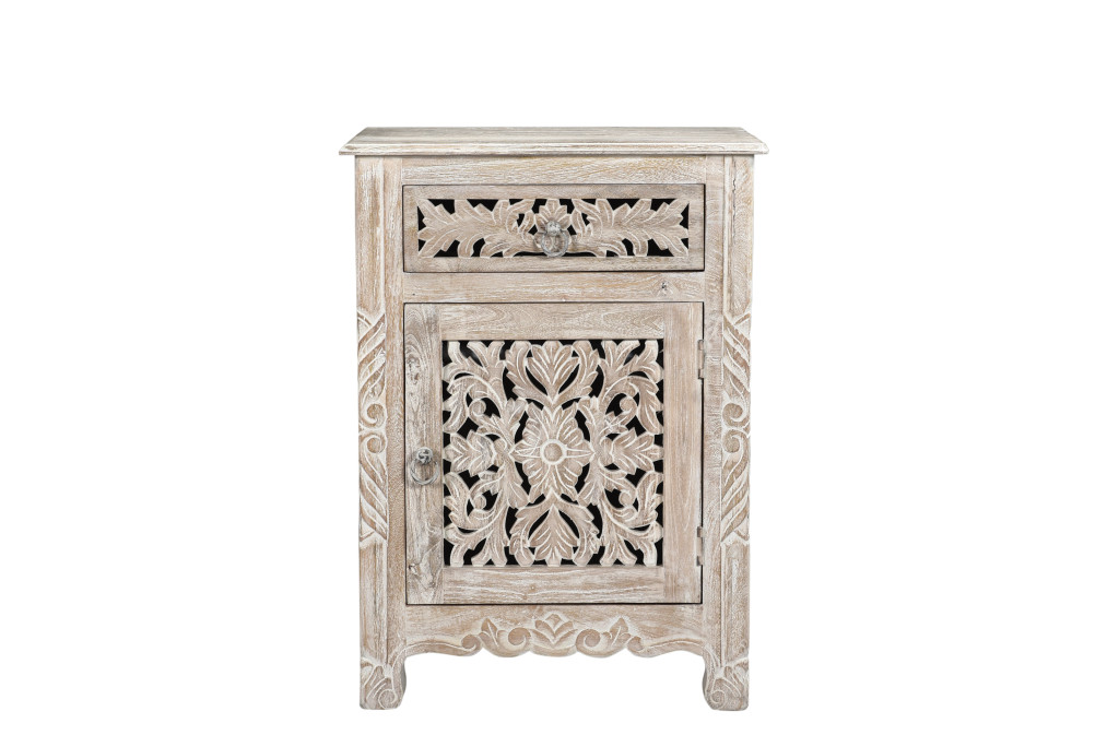 521198 30 in. One Drawer Carved Floral Solid Wood Rectangle Nightstand, Distressed White
