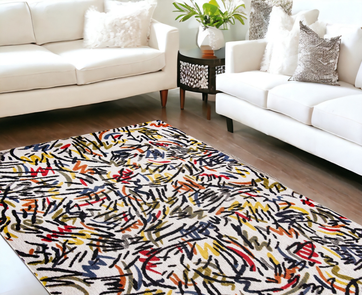 551711 7 x 9 ft. White Abstract Non Skid Rectangle Machine Woven Area Rug
