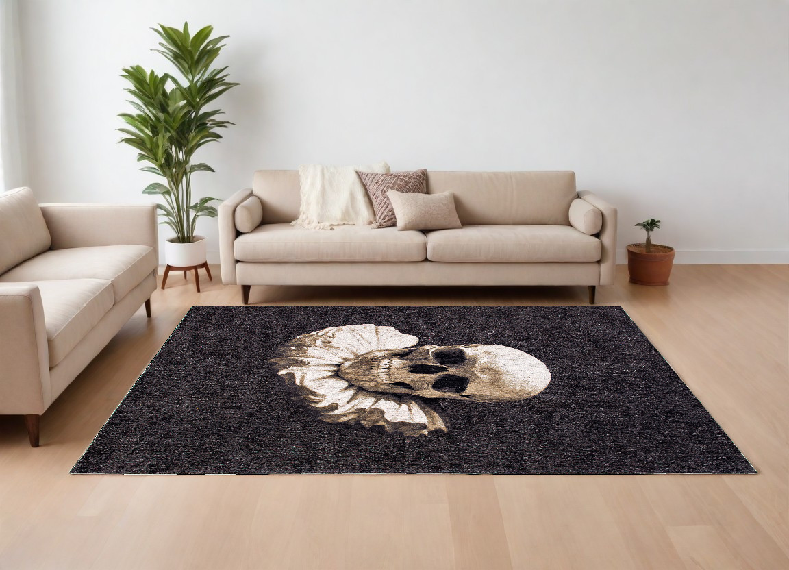 552045 8 x 11 ft. Black & White Funky Skull Non Skid Rectangle Machine Woven Area Rug