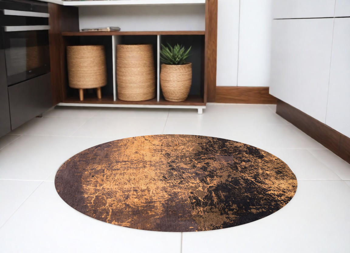 548442 5 ft. Yellow & Brown Round Abstract Non Skid Machine Woven Area Rug