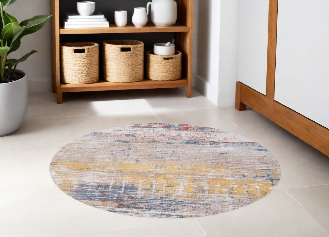 548478 5 ft. White Round Abstract Non Skid Machine Woven Area Rug