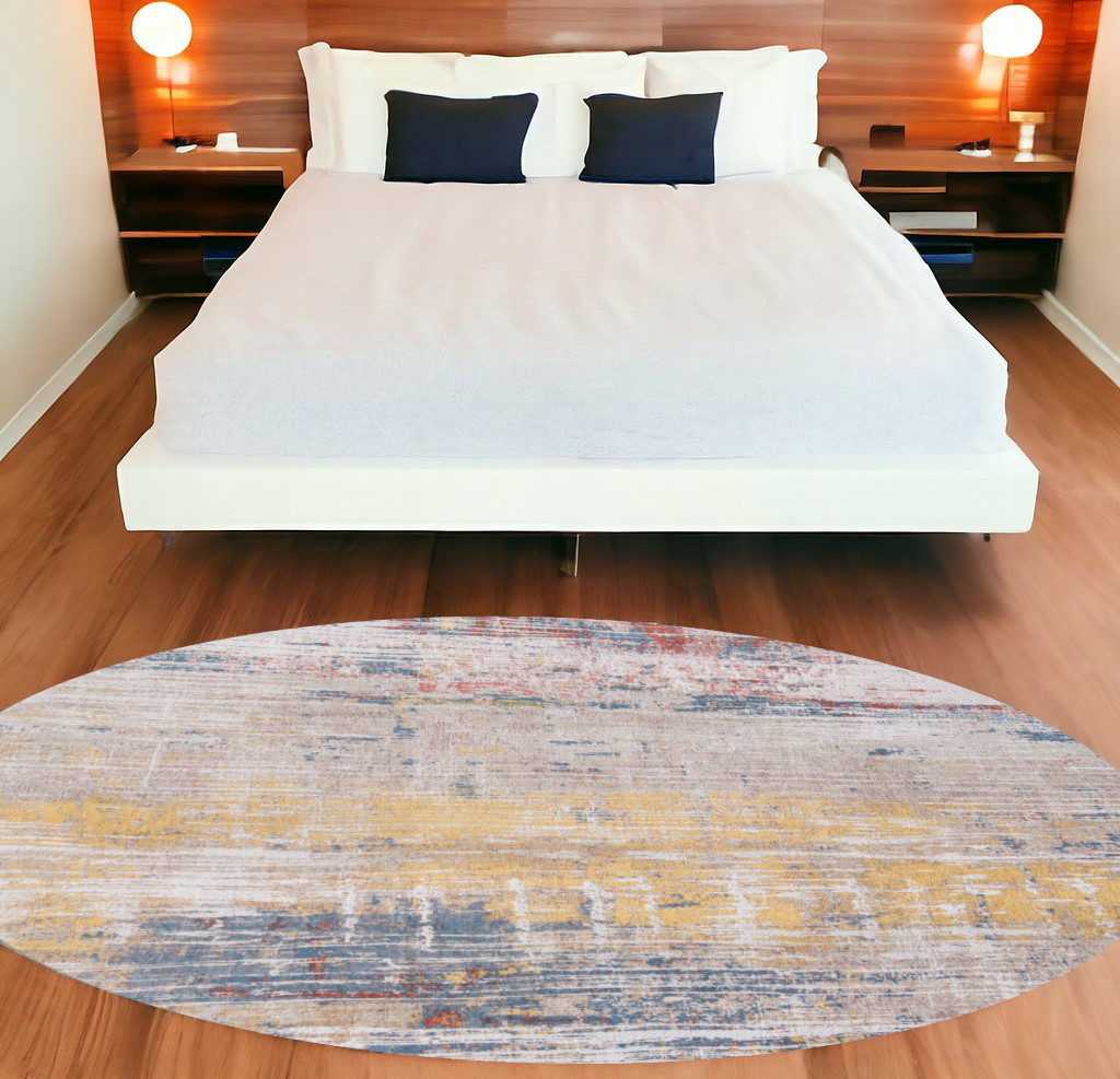 548479 8 ft. White Round Abstract Non Skid Machine Woven Area Rug
