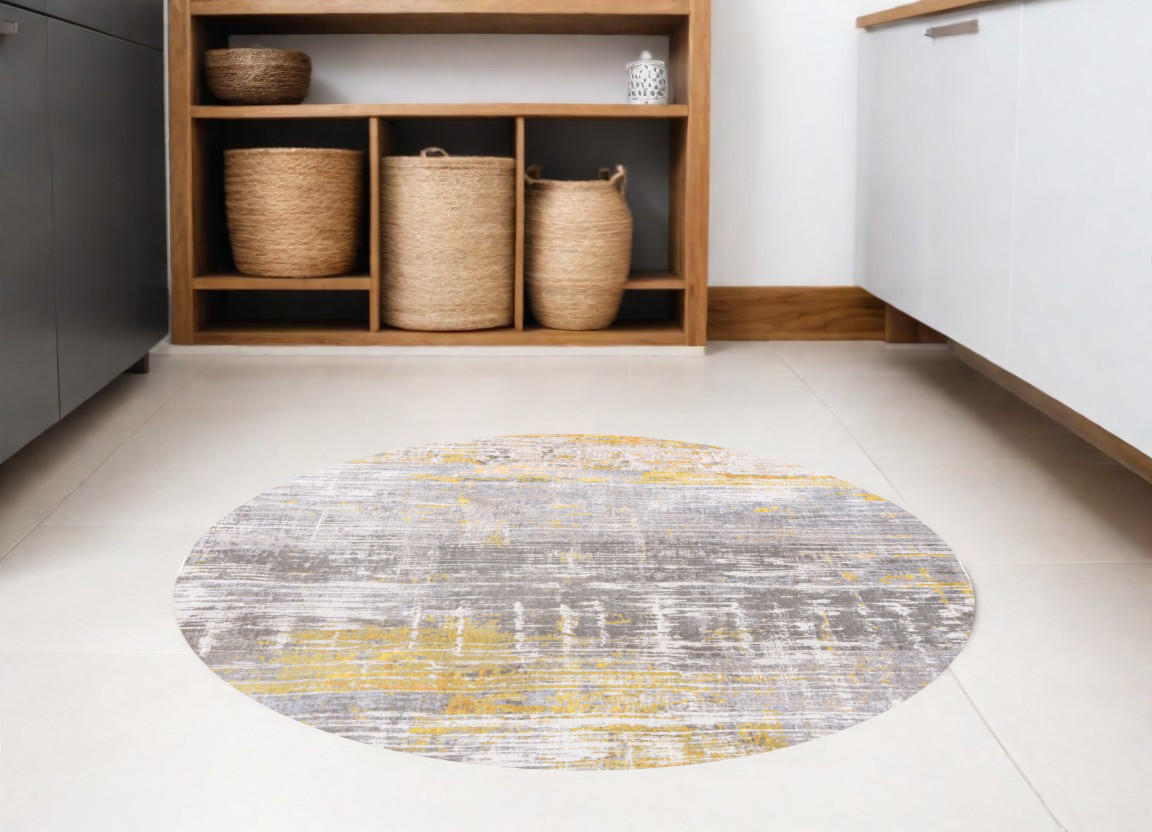 548486 5 ft. Gray & Yellow Round Abstract Non Skid Machine Woven Area Rug