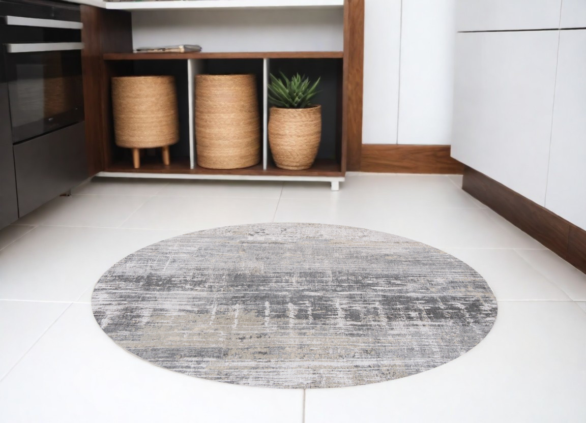 548495 8 ft. Gray & White Round Abstract Non Skid Machine Woven Area Rug