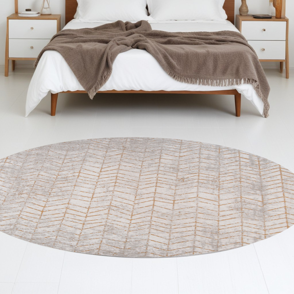 548563 8 ft. Gray & Yellow Round Chevron Non Skid Machine Woven Area Rug