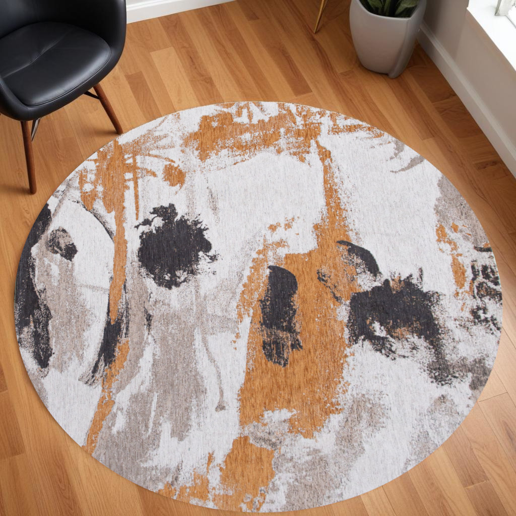 551875 8 ft. Gray & White Round Abstract Non Skid Machine Woven Area Rug
