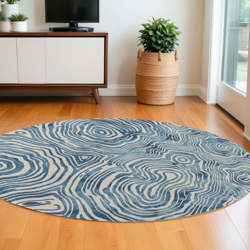 511114 10 ft. Ivory & Blue Round Geometric Hand Tufted Area Rug