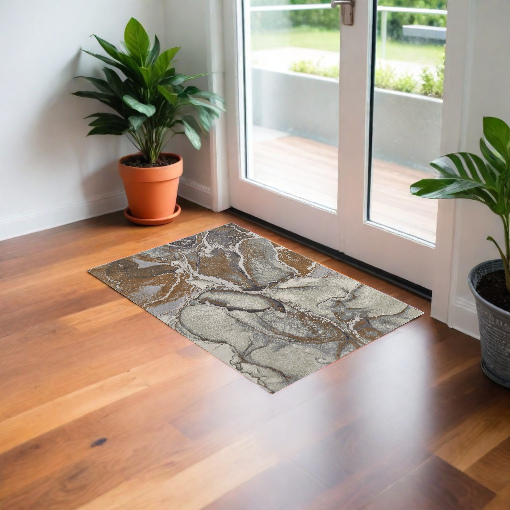513208 2 x 3 ft. Gray & Brown Marble Power Loomed Rectangle Area Rug