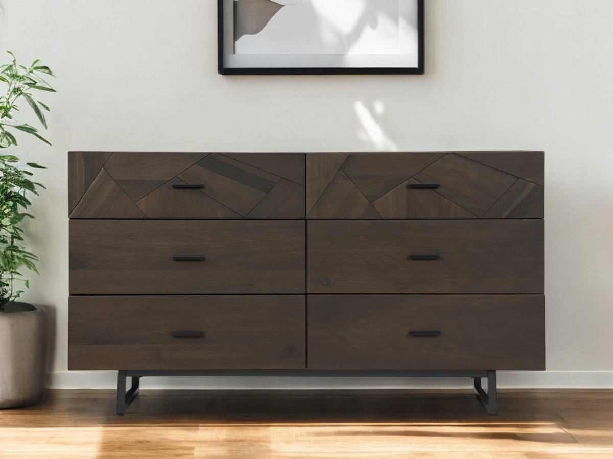 518614 60 in. Dark Brown Solid Wood Six Drawer Double Dresser