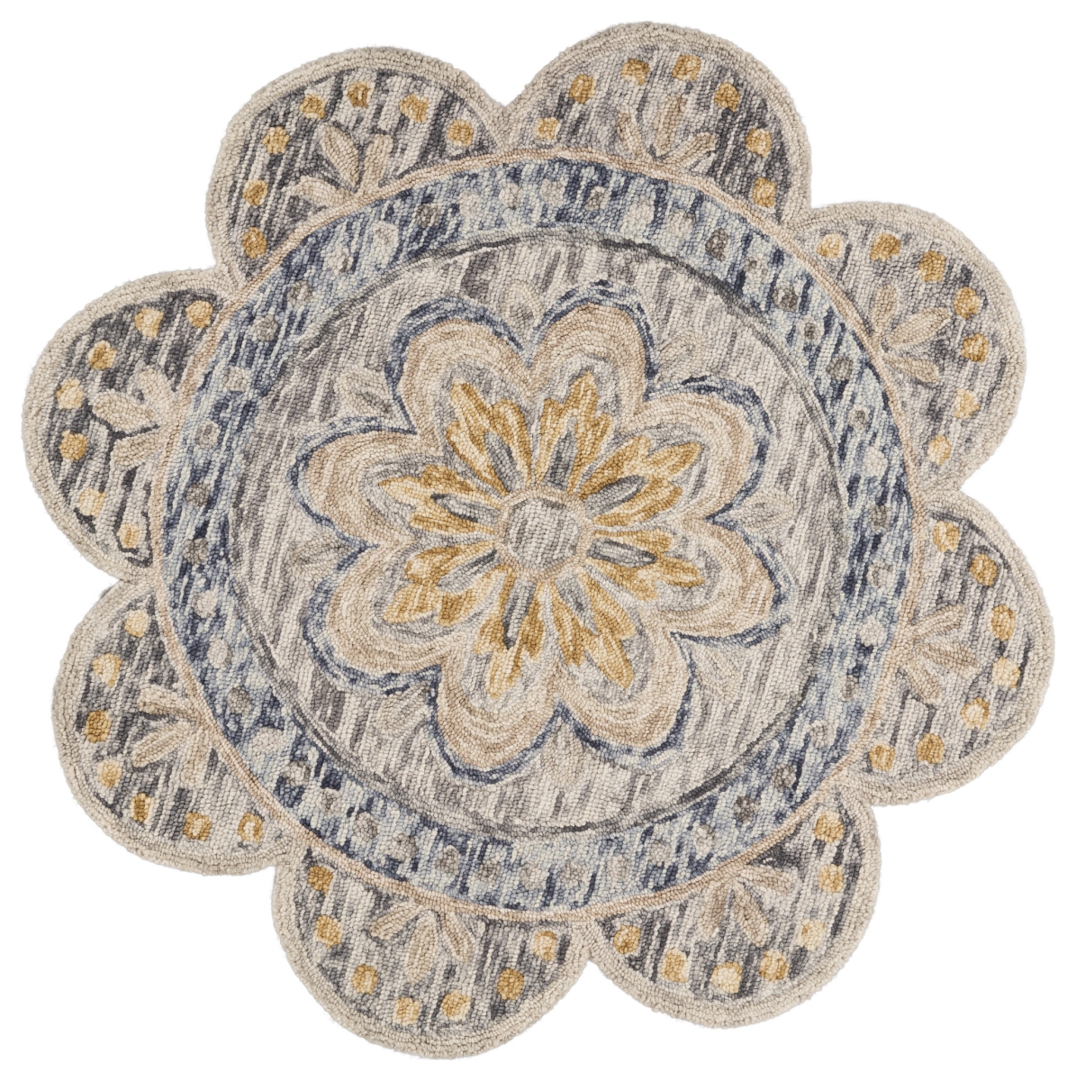 554450 6 ft. Beige Round Wool Floral Hand Tufted Area Rug