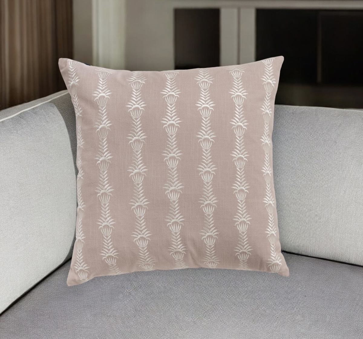 518692 20 in. Pink & White Botanical Stripe Cotton Throw Pillow with Embroidery