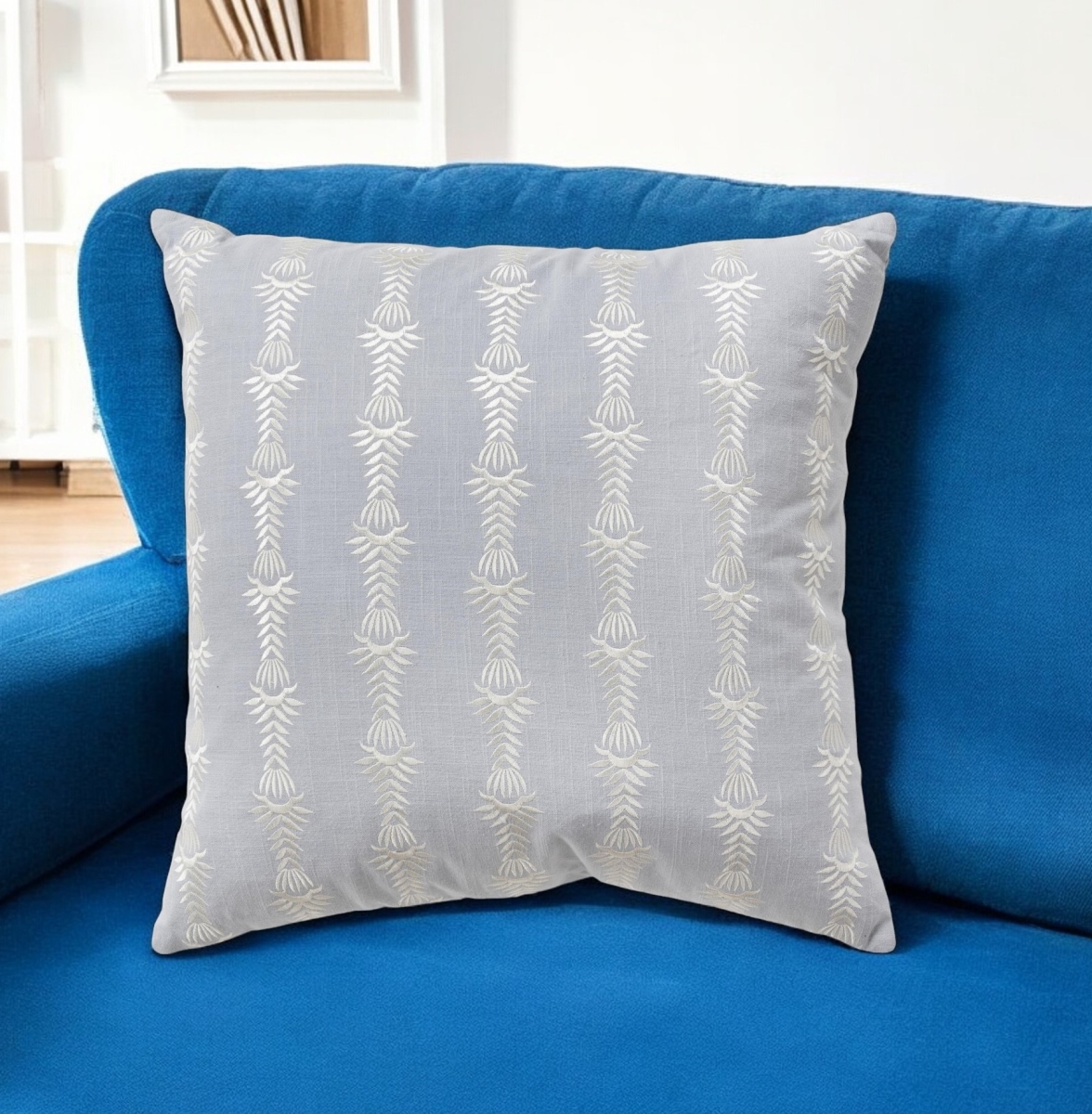 518694 20 in. Light Blue & White Botanical Stripe Cotton Throw Pillow with Embroidery
