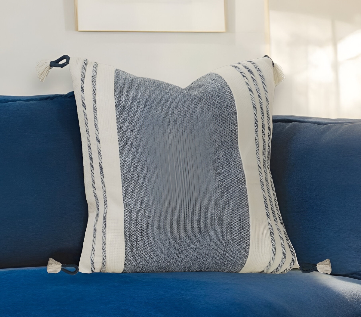 Blue & White Color Block Cotton Throw Pillow - 20 in. - Includes Tassels