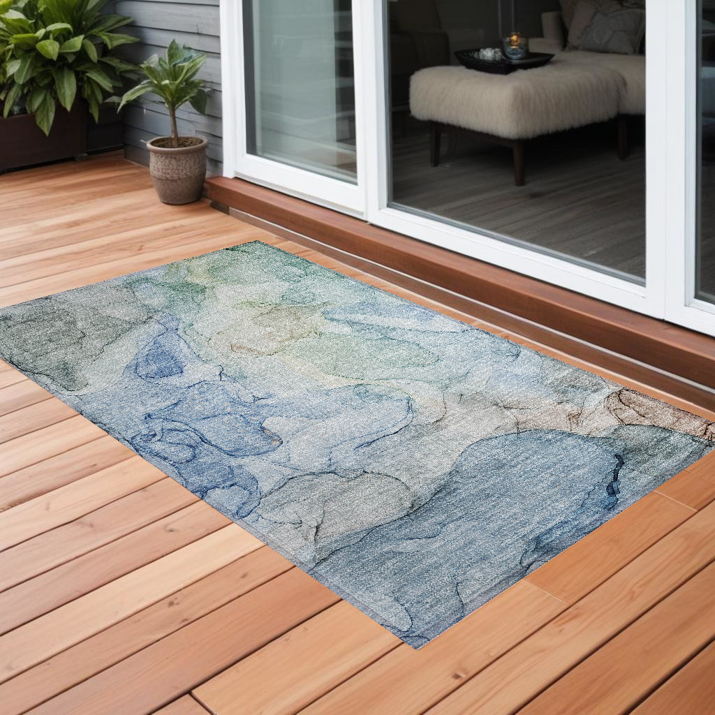 559956 2 x 3 ft. Blue Abstract Washable Non Skid Indoor Outdoor Rectangle Machine Woven Area Rug