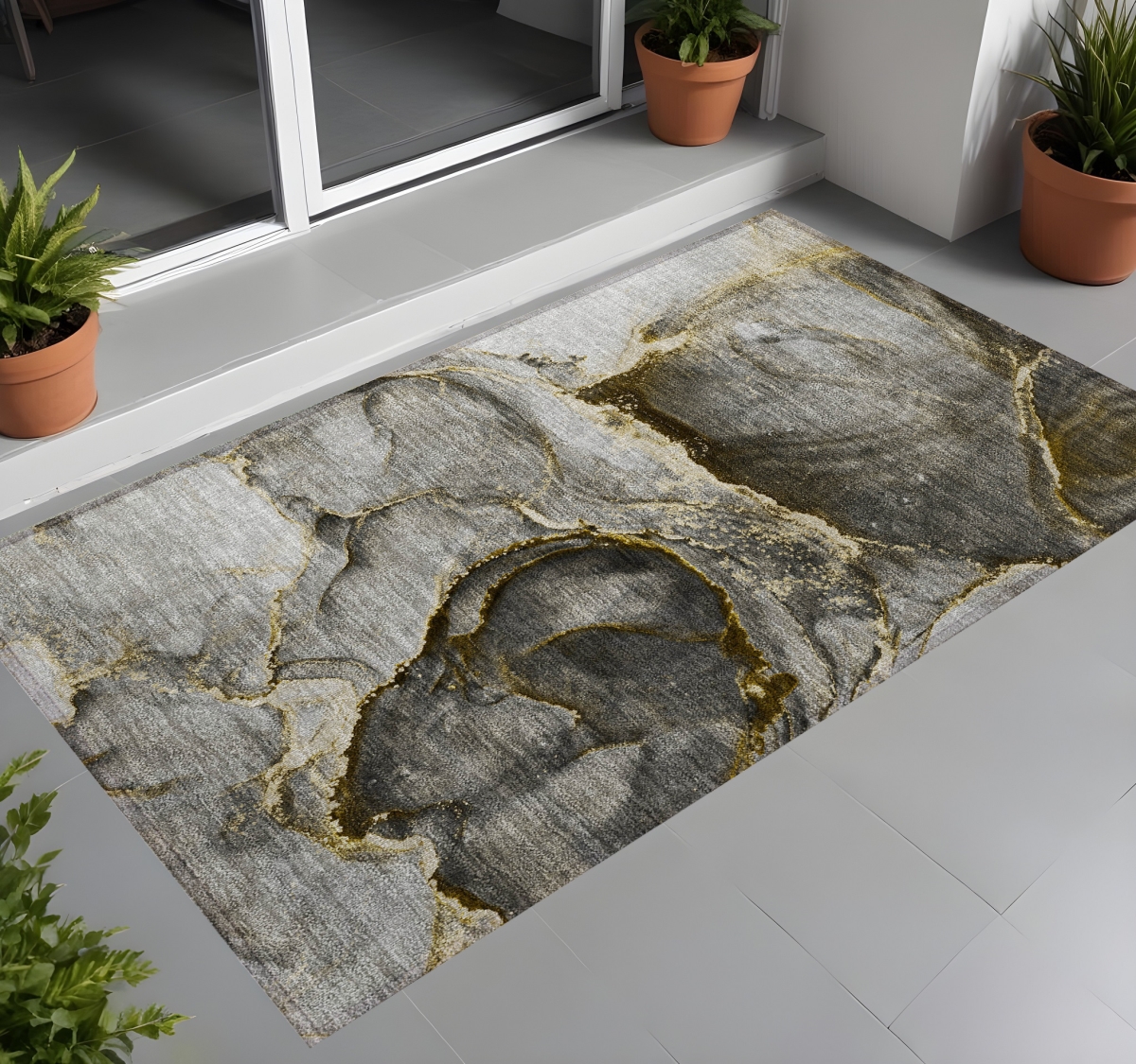 Gray & Gold Abstract Washable Area Rug - 3 x 5 ft. - Non-Skid - Stain Resistant