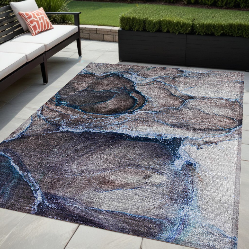 Navy Blue Abstract Washable Non-Skid Area Rug - 5 x 8 ft - Stain Resistant