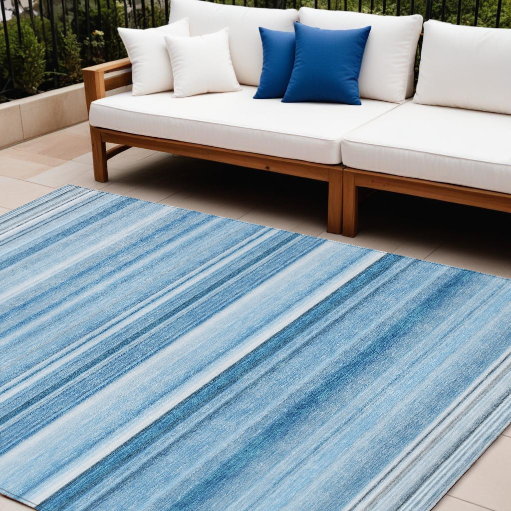 561003 9 x 12 ft. Blue Striped Washable Non Skid Indoor Outdoor Rectangle Machine Woven Area Rug
