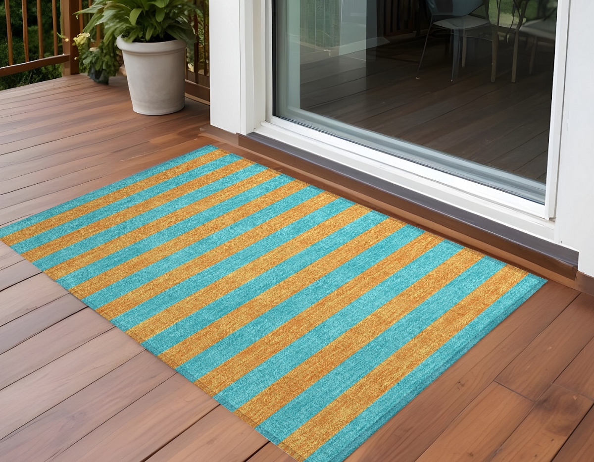 561023 2 x 3 ft. Aqua Striped Washable Non Skid Indoor Outdoor Rectangle Machine Woven Area Rug