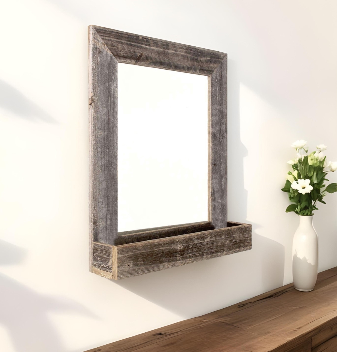 380345 Rustic Weathered Gray Reclaimed Wood Plank Mirror with Shelf