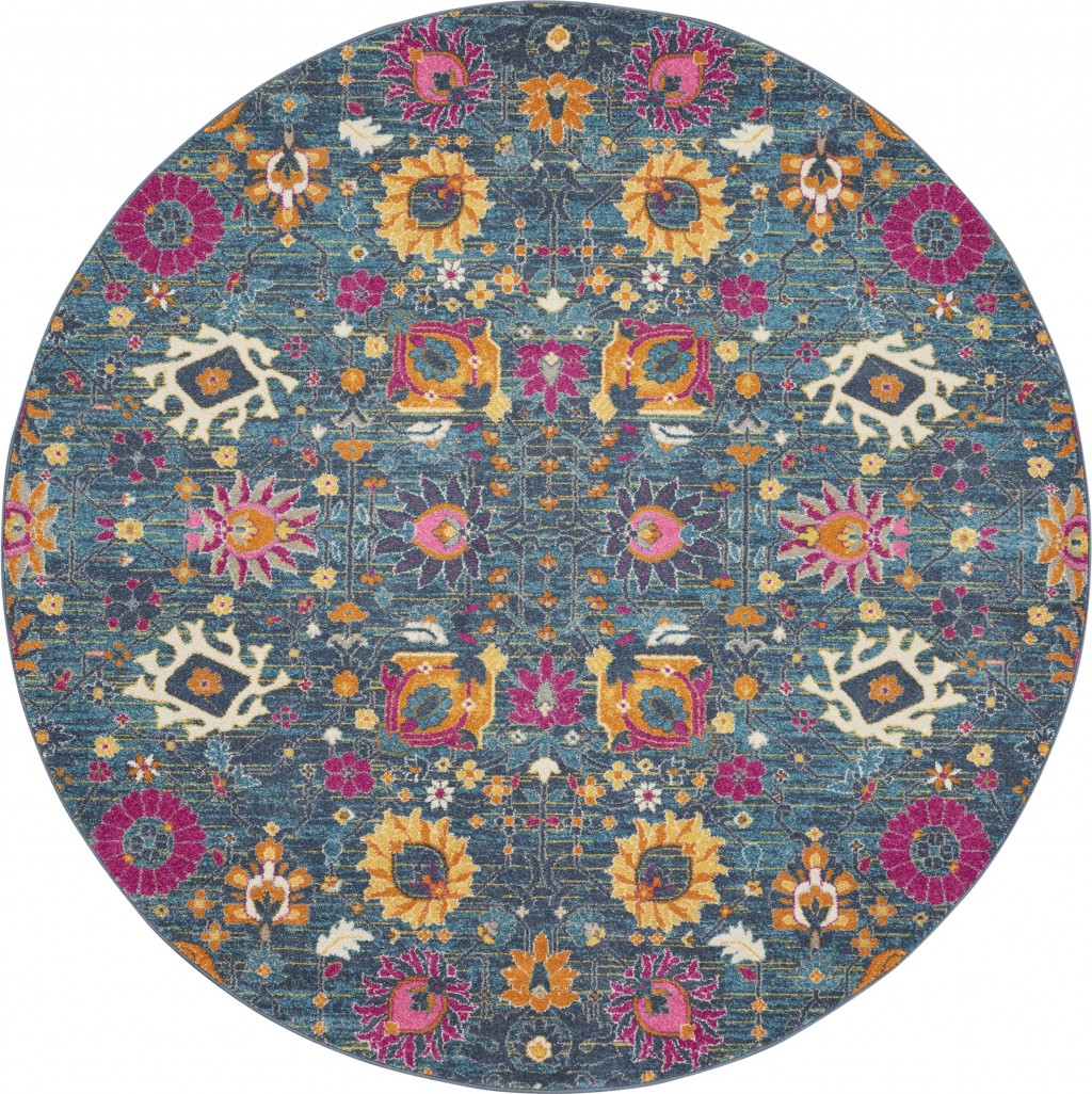 385183 8 ft. Blue & Orange Round Floral Power Loomed Area Rug