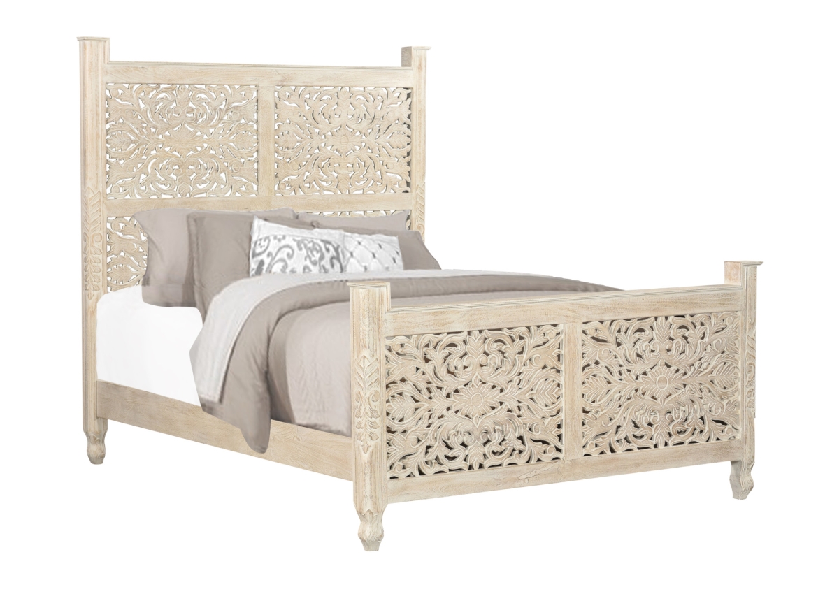 521077 Distressed White Floral Carved Wood Bed - Queen Size