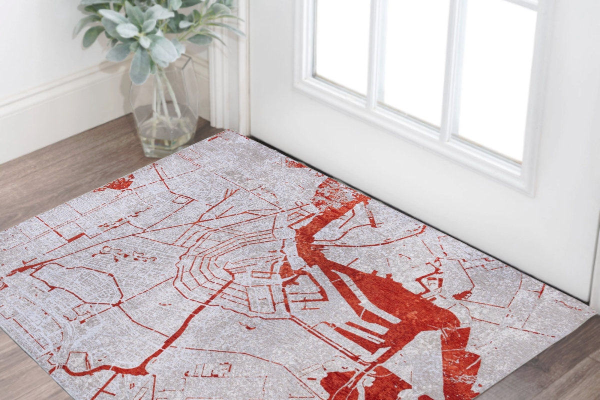 551779 3 x 5 ft. Red & White Abstract Non Skid Rectangle Machine Woven Area Rug