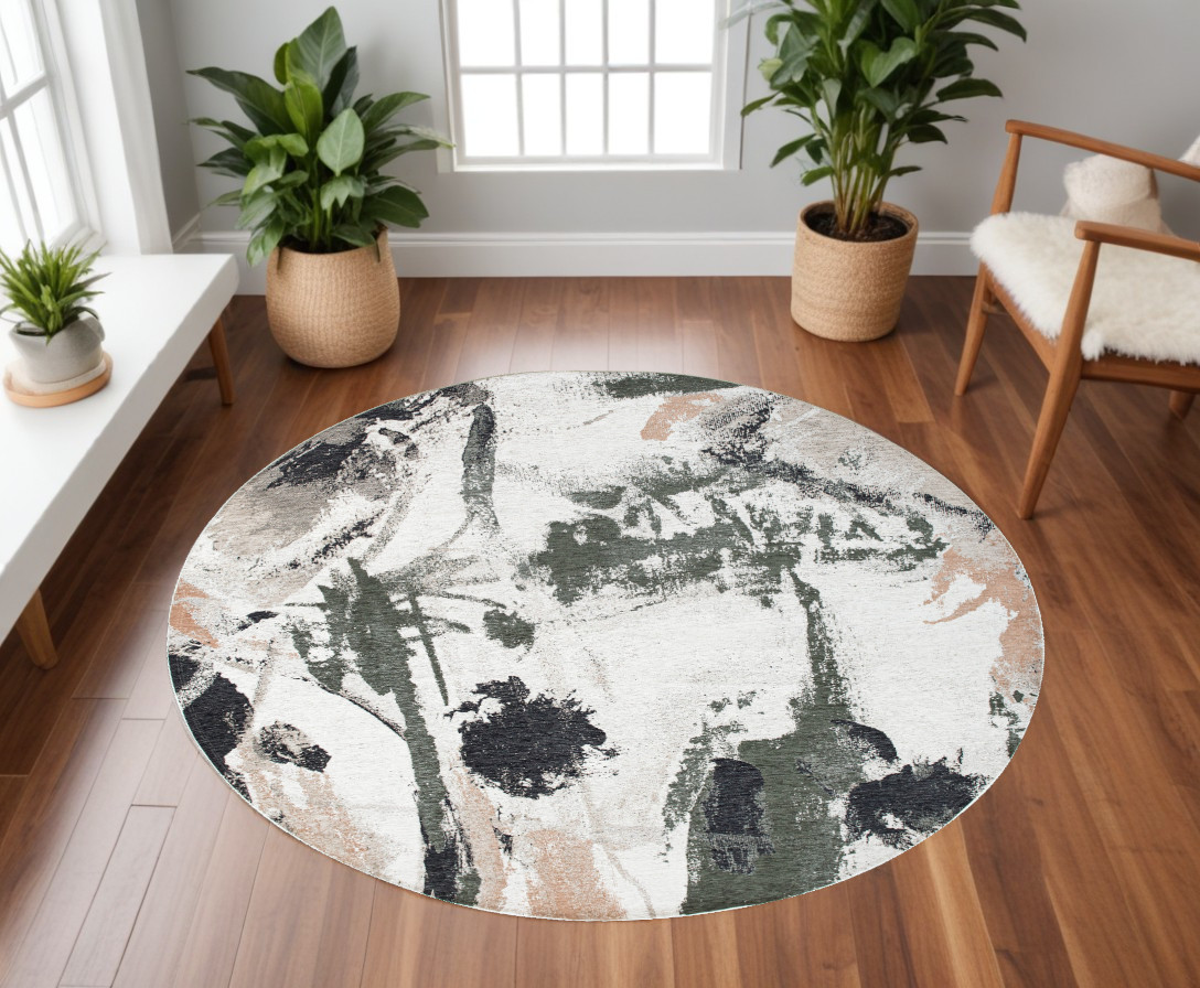 552061 8 ft. Gray & Orange Round Abstract Non Skid Machine Woven Area Rug