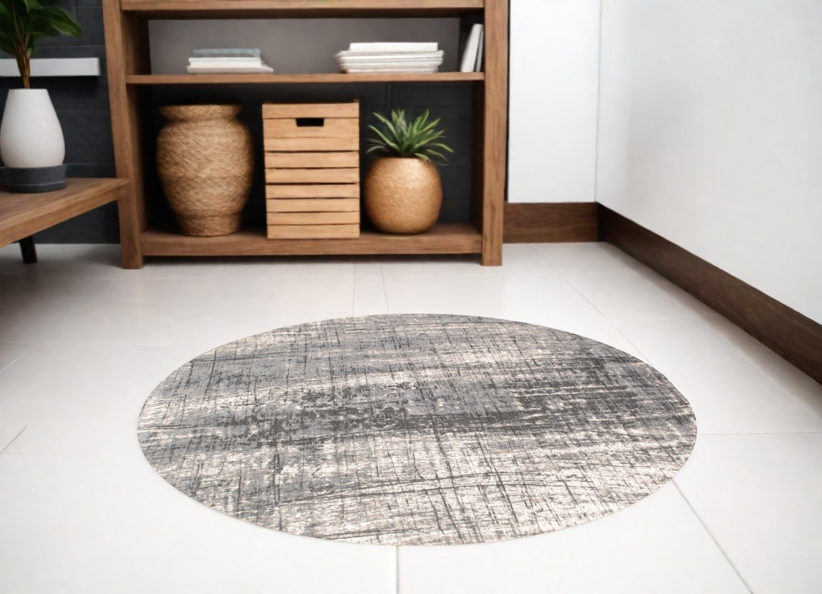 548402 5 ft. Abstract Non Skid Round Area Rug, Gray & White