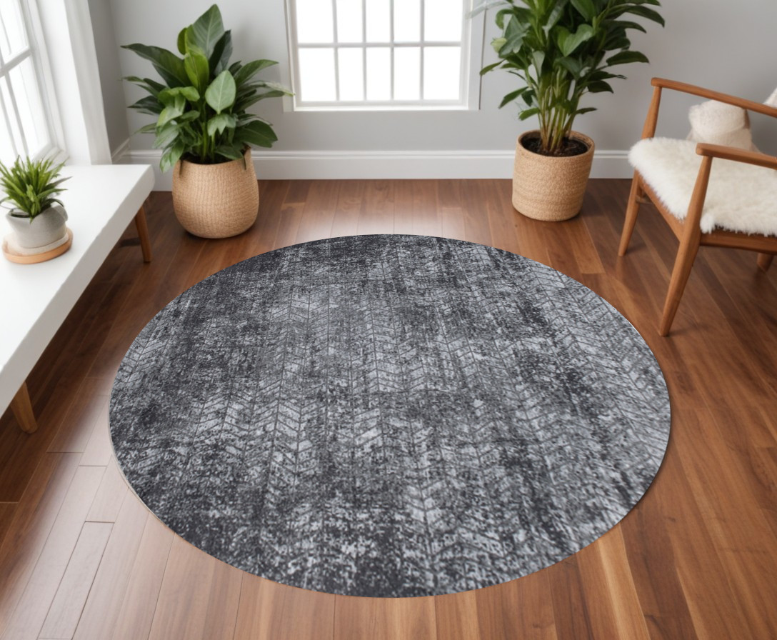 548427 8 ft. Black & Gray Round Chevron Non Skid Machine Woven Area Rug
