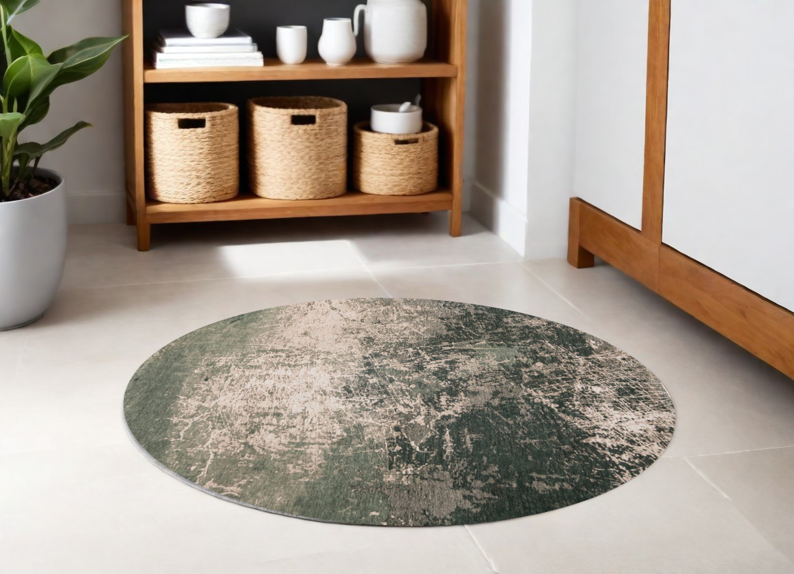 548520 5 ft. Beige & Green Round Abstract Non Skid Machine Woven Area Rug