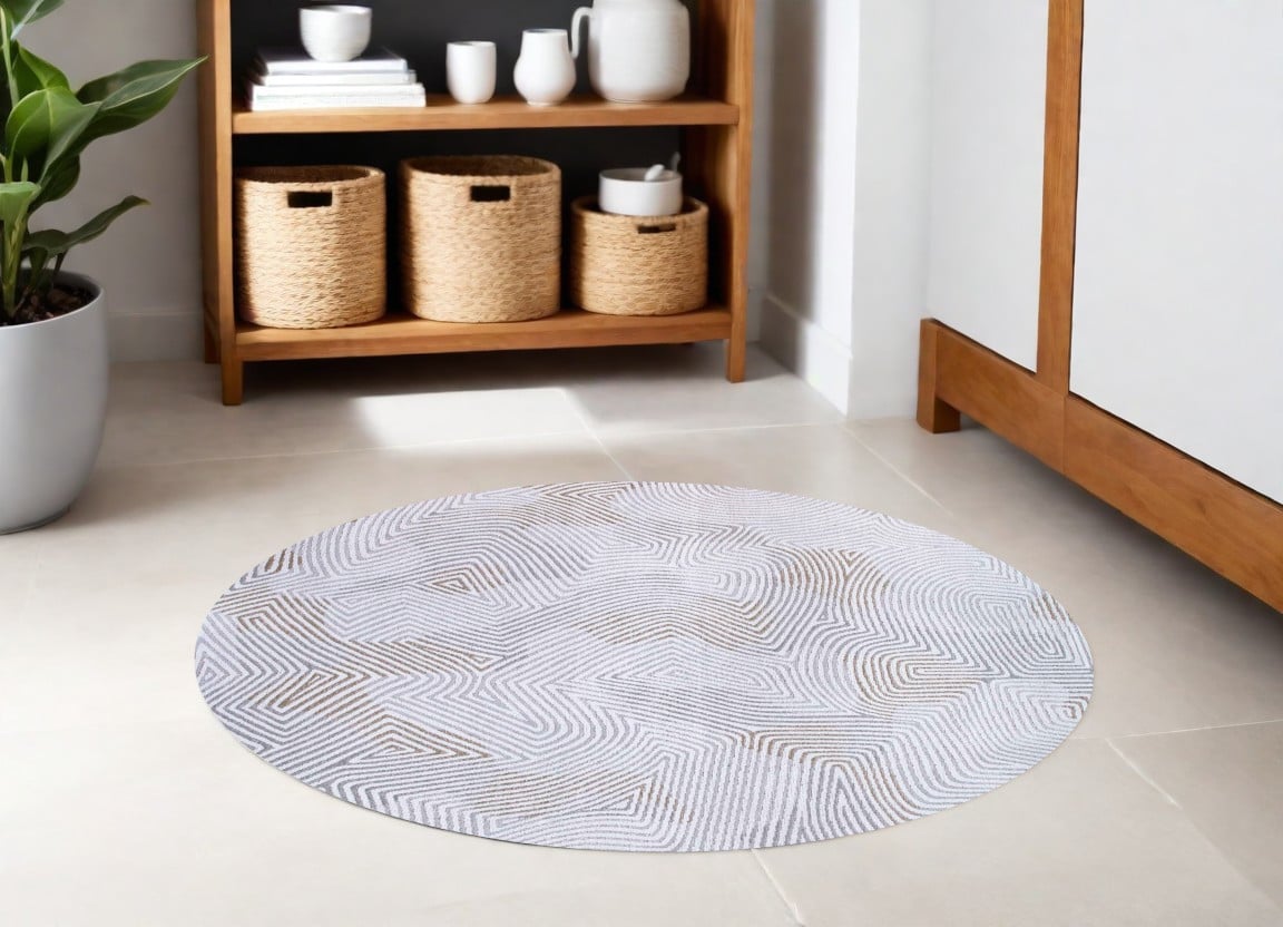 548757 8 ft. White Round Abstract Non Skid Machine Woven Area Rug