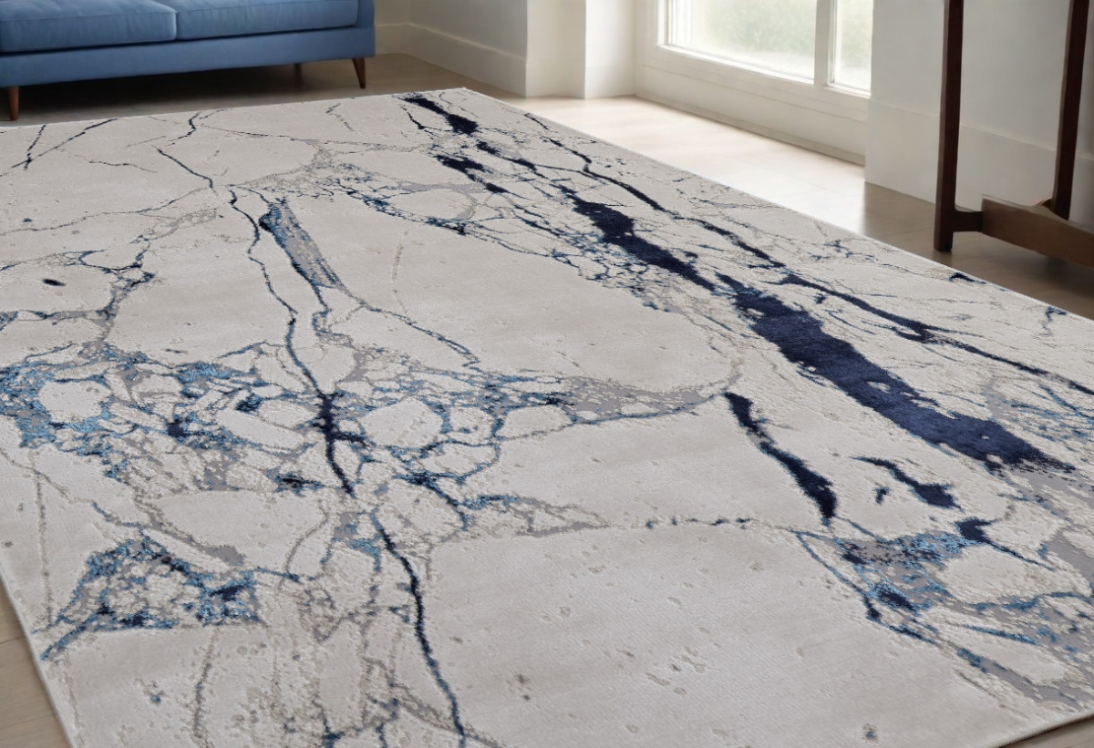 513887 5 x 8 ft. Ivory & Blue Marble Power Loomed Distressed Rectangle Area Rug