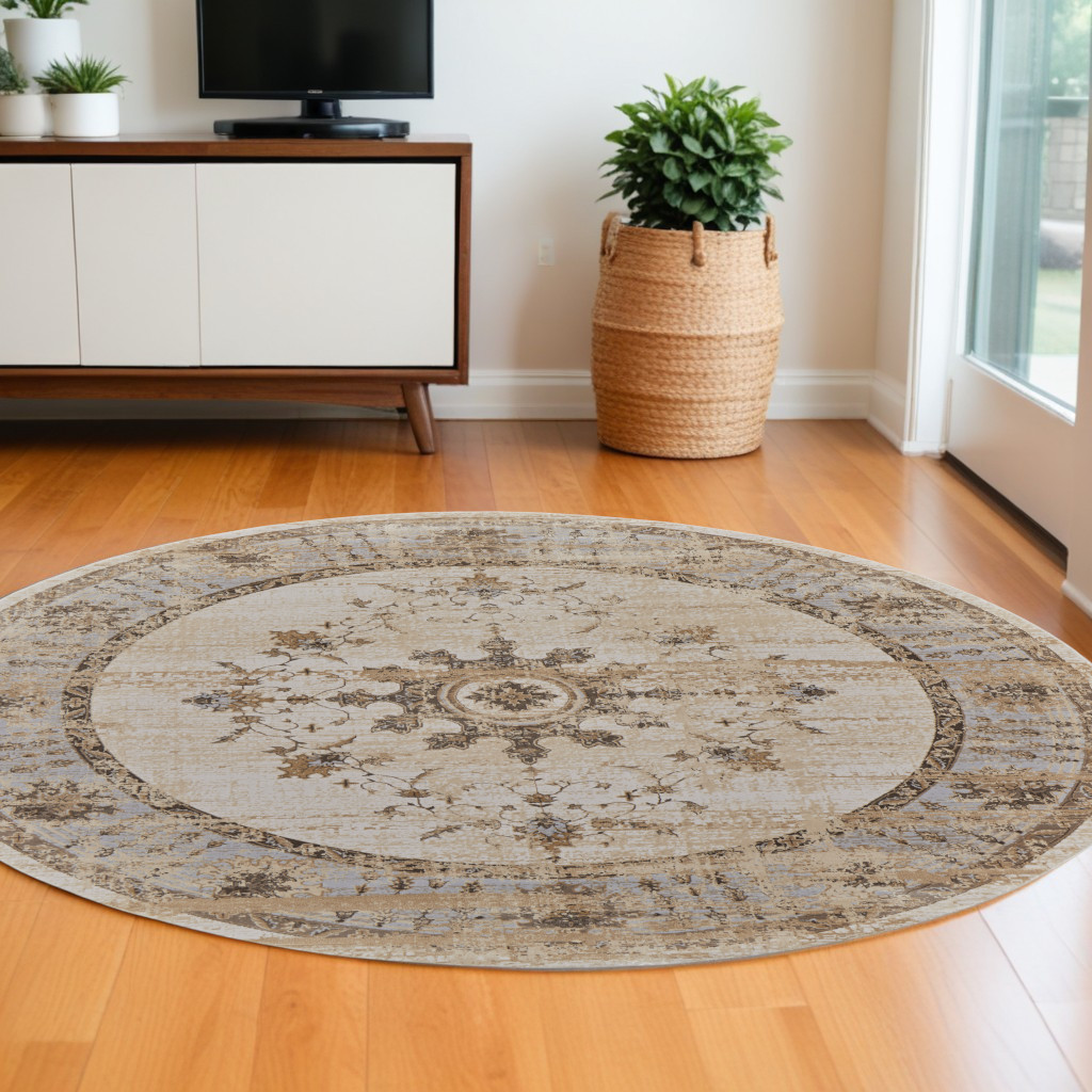 515496 8 ft. Brown & Ivory Round Oriental Power Loomed Distressed Area Rug
