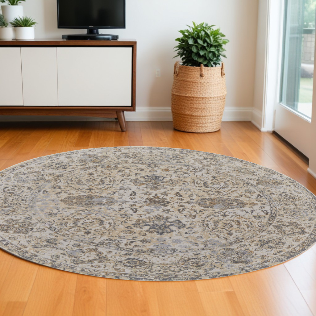 515508 8 ft. Brown & Ivory Round Oriental Power Loomed Distressed Area Rug
