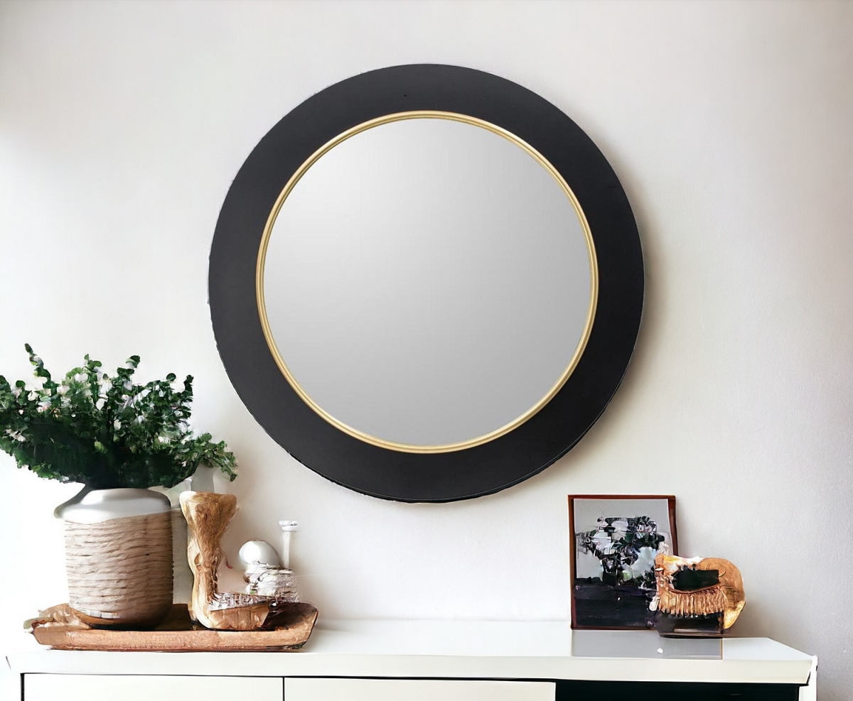 32 in. Black & Gold Lighted Round Metal Framed Accent Mirror