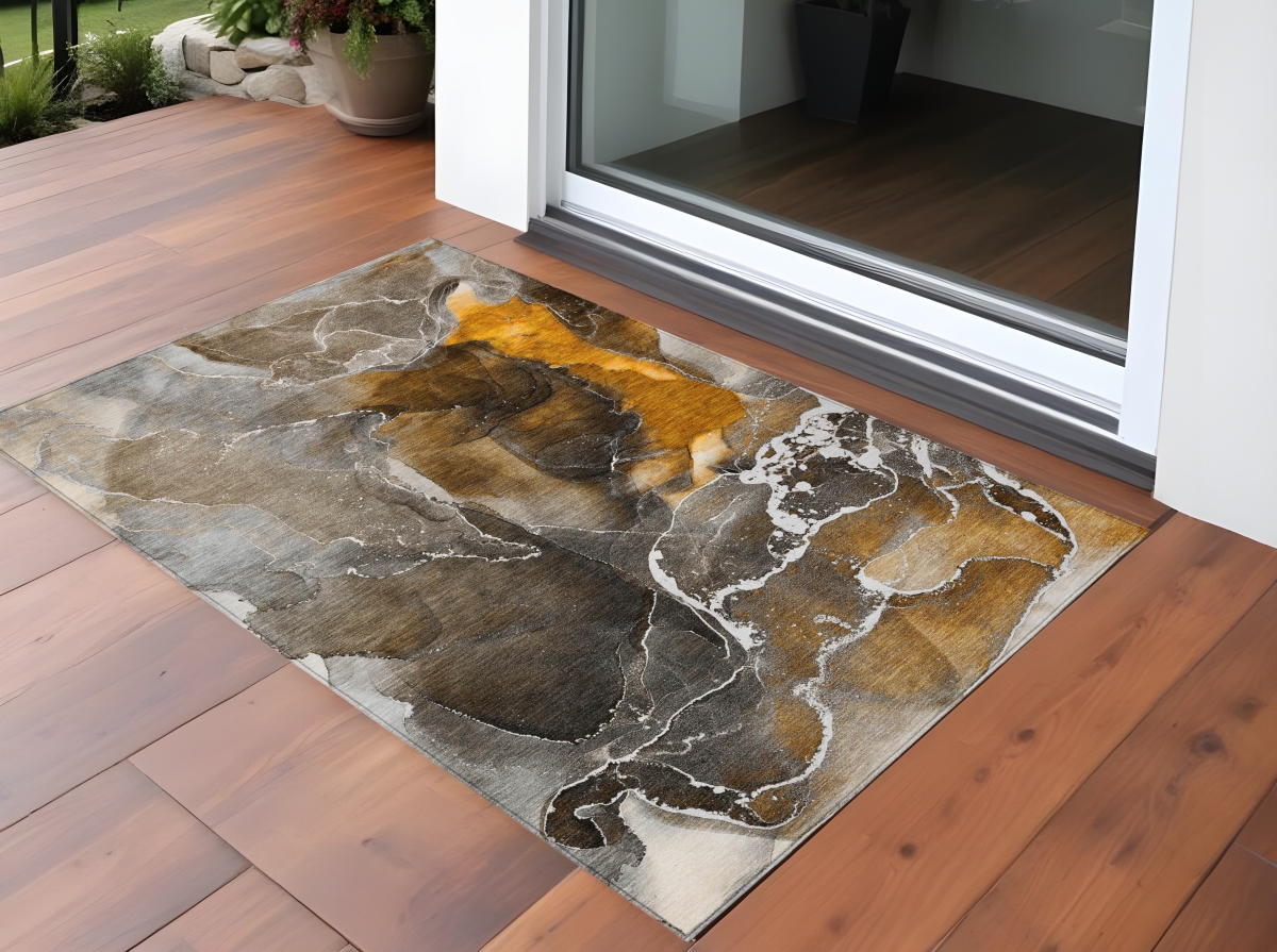 Abstract Washable Area Rug - Brown & Gray - 3 x 5 ft - Stain Resistant