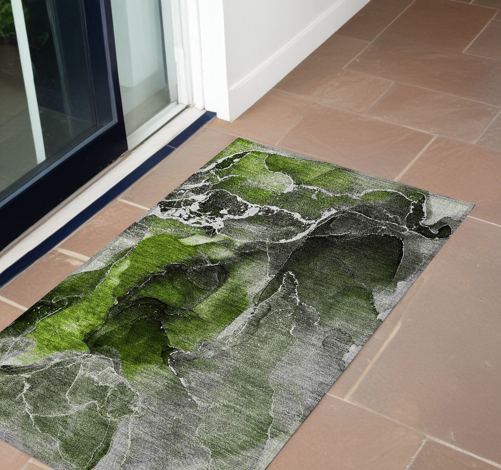 Green Abstract Machine Woven Area Rug - 2 x 3 ft. - Washable & Non-Skid