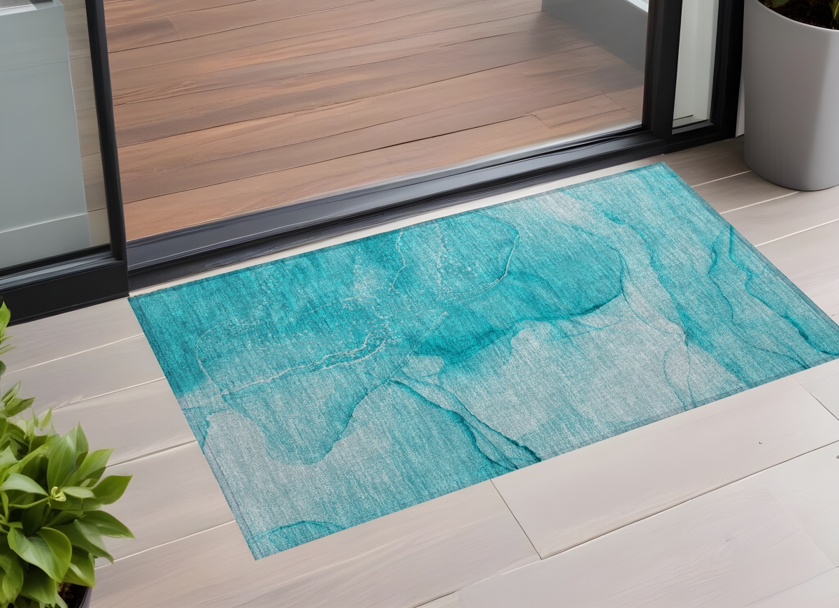 559775 2 x 3 ft. Teal Abstract Washable Non Skid Indoor Outdoor Rectangle Machine Woven Area Rug