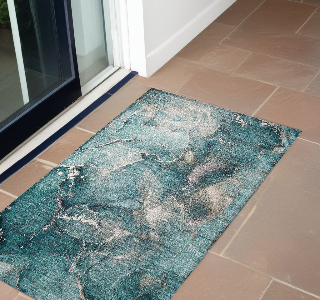 560331 3 x 5 ft. Teal Abstract Washable Non Skid Indoor Outdoor Rectangle Machine Woven Area Rug