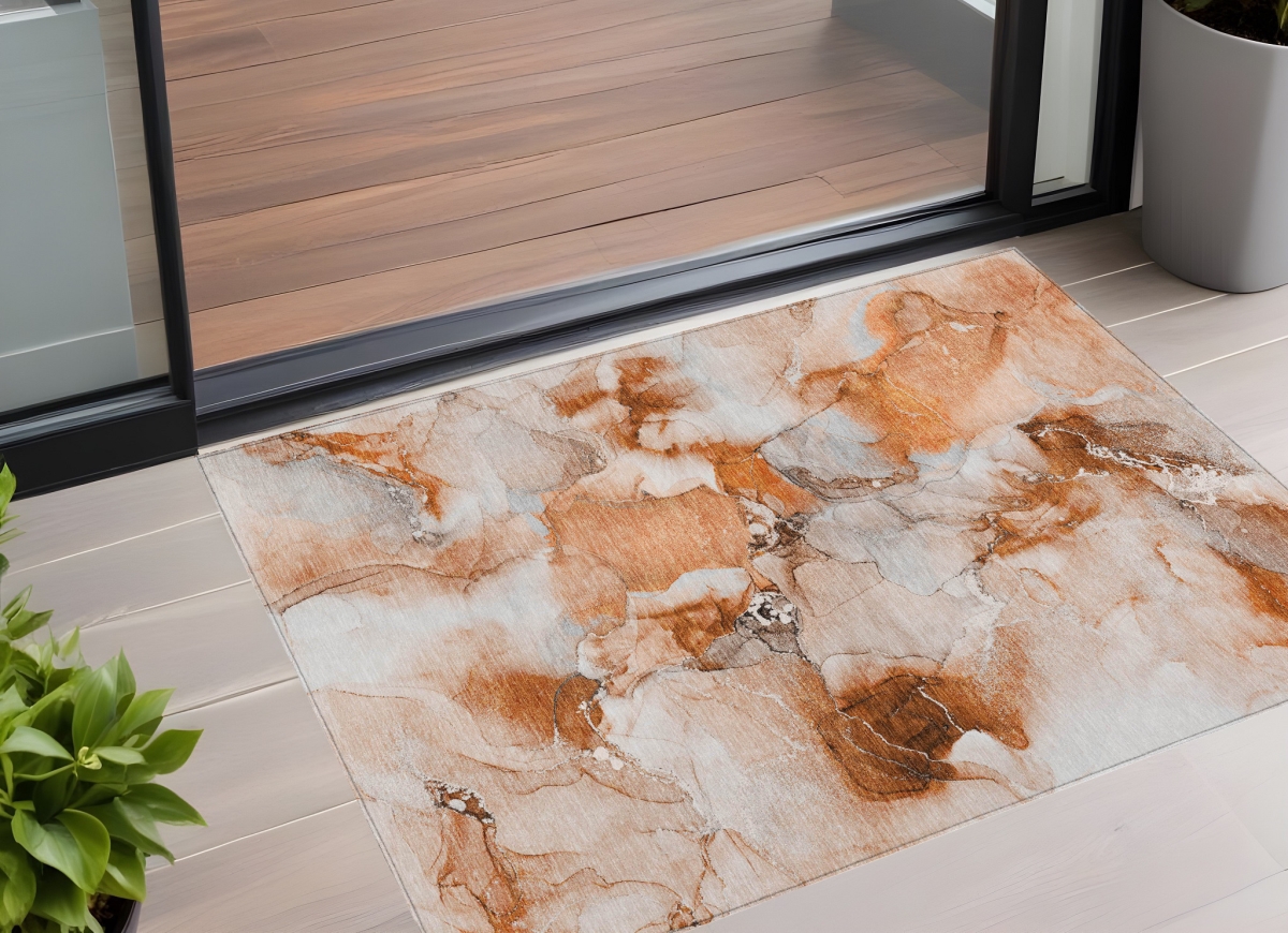 Abstract Orange & Ivory Washable Area Rug - 3 x 5 ft. - Stain Resistant