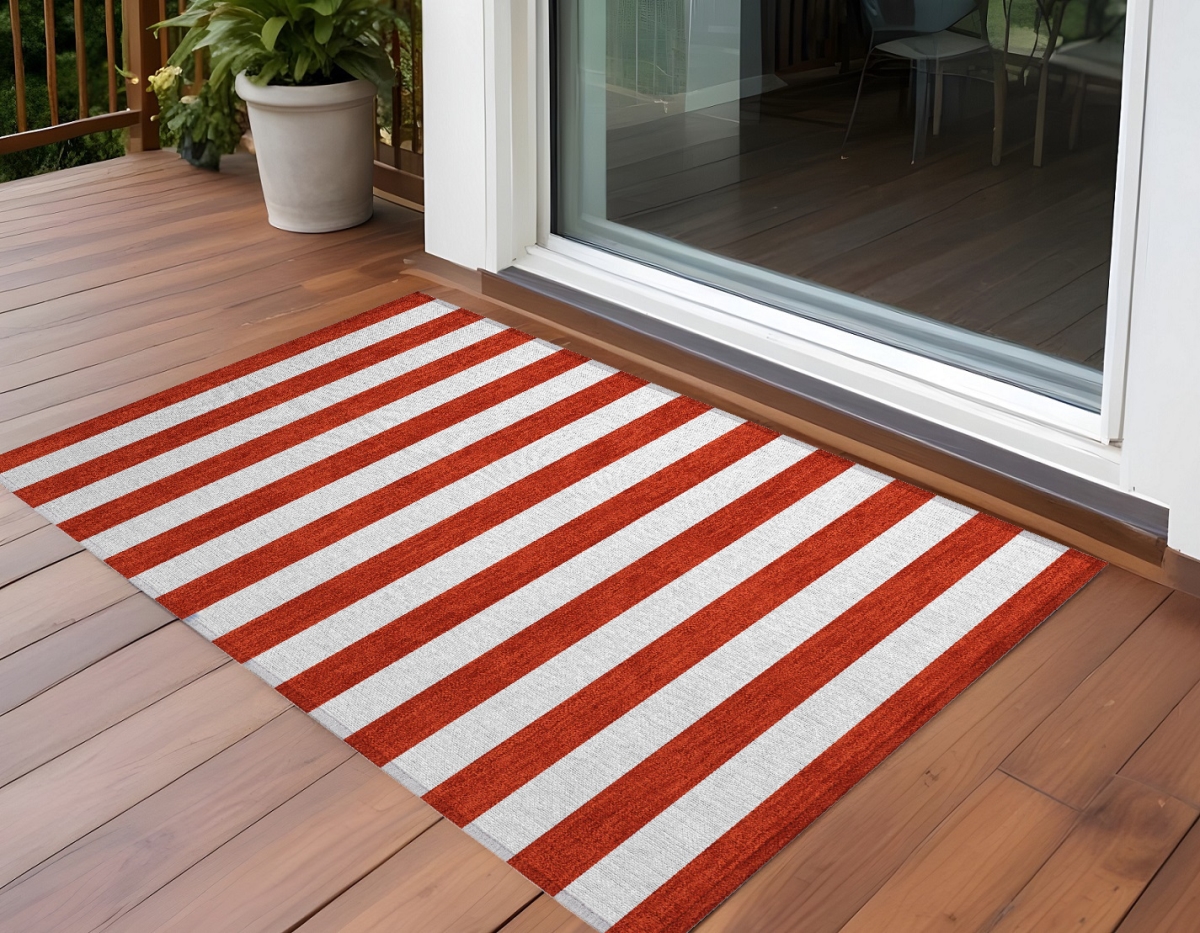 560927 3 x 5 ft. Red & White Striped Washable Non Skid Indoor Outdoor Rectangle Machine Woven Area Rug